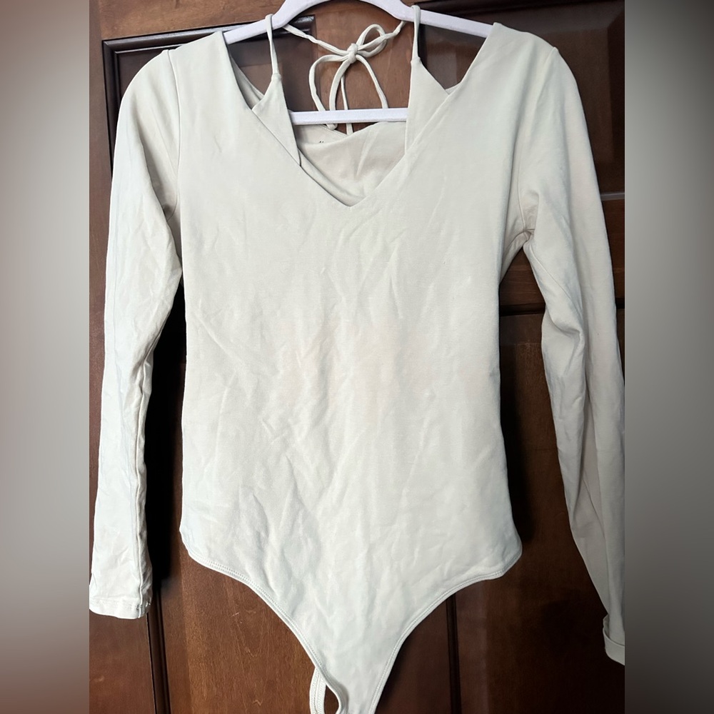 Abercrombie & Fitch Cream Long Sleeve Halter Bodysuit